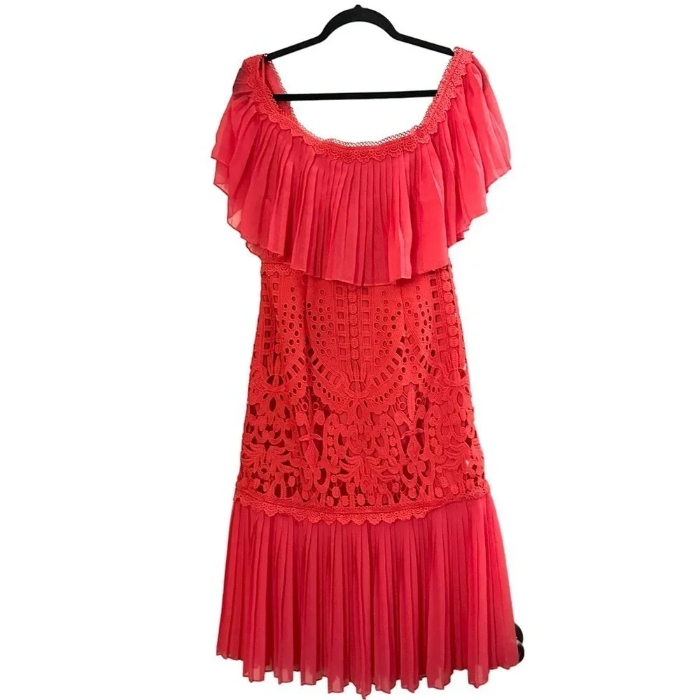 TEMPERLEY LONDON Pink Coral Berry Lace Cocktail Dress Ruffle - Sz 8 - Picture 6 of 6